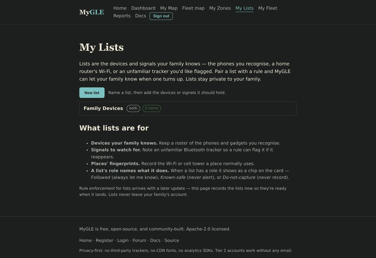 The signed-in MyGLE family web app showing the Lists view, with an example device list and the privacy-first footer