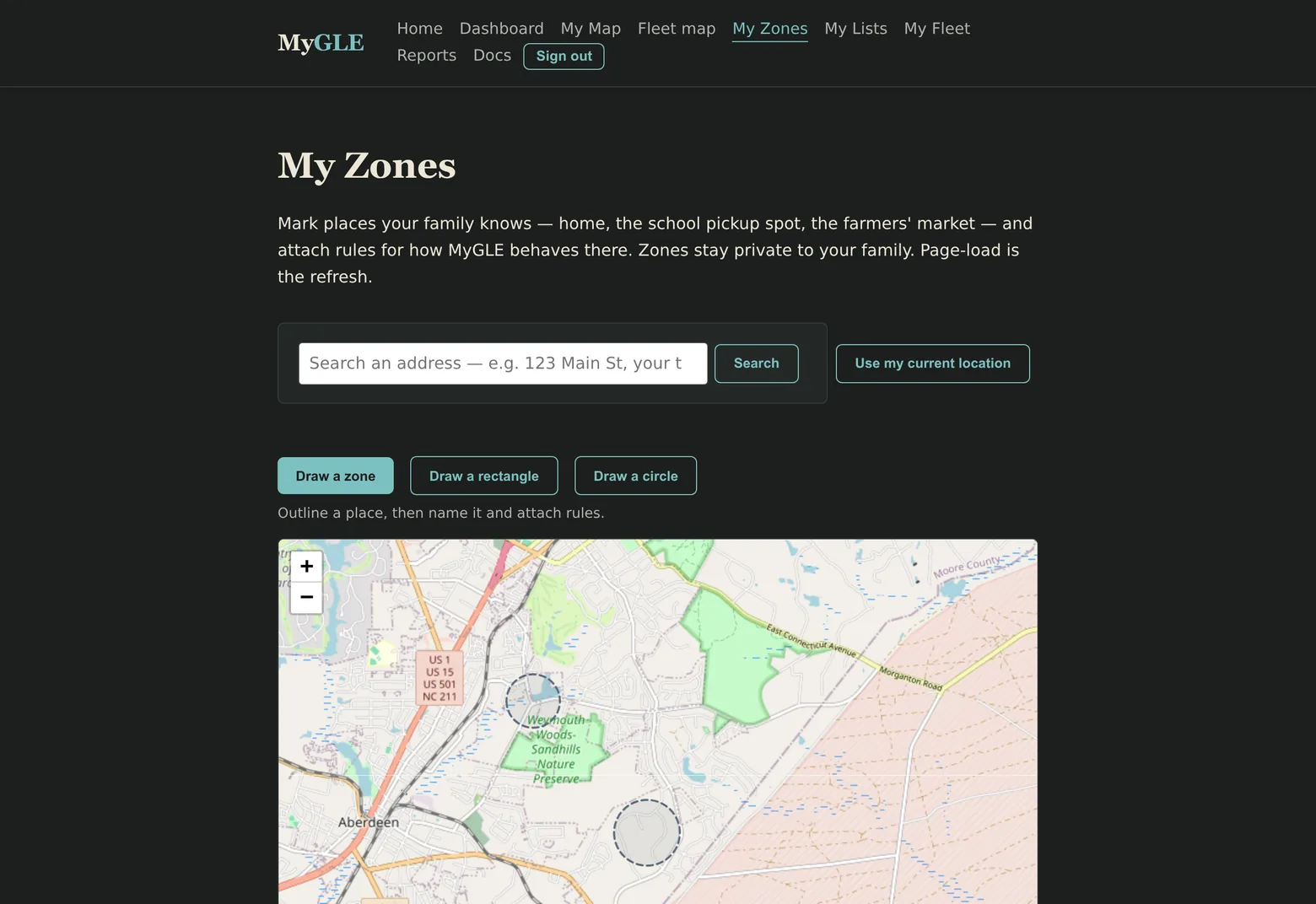 The MyGLE web zone editor: a map with draw-a-zone, rectangle, and circle tools and a safety zone marked on the map